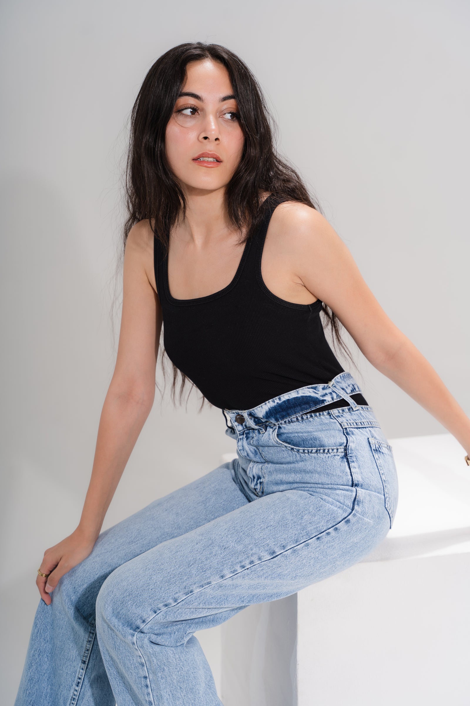 Douple waist Straight jeans acid wash
