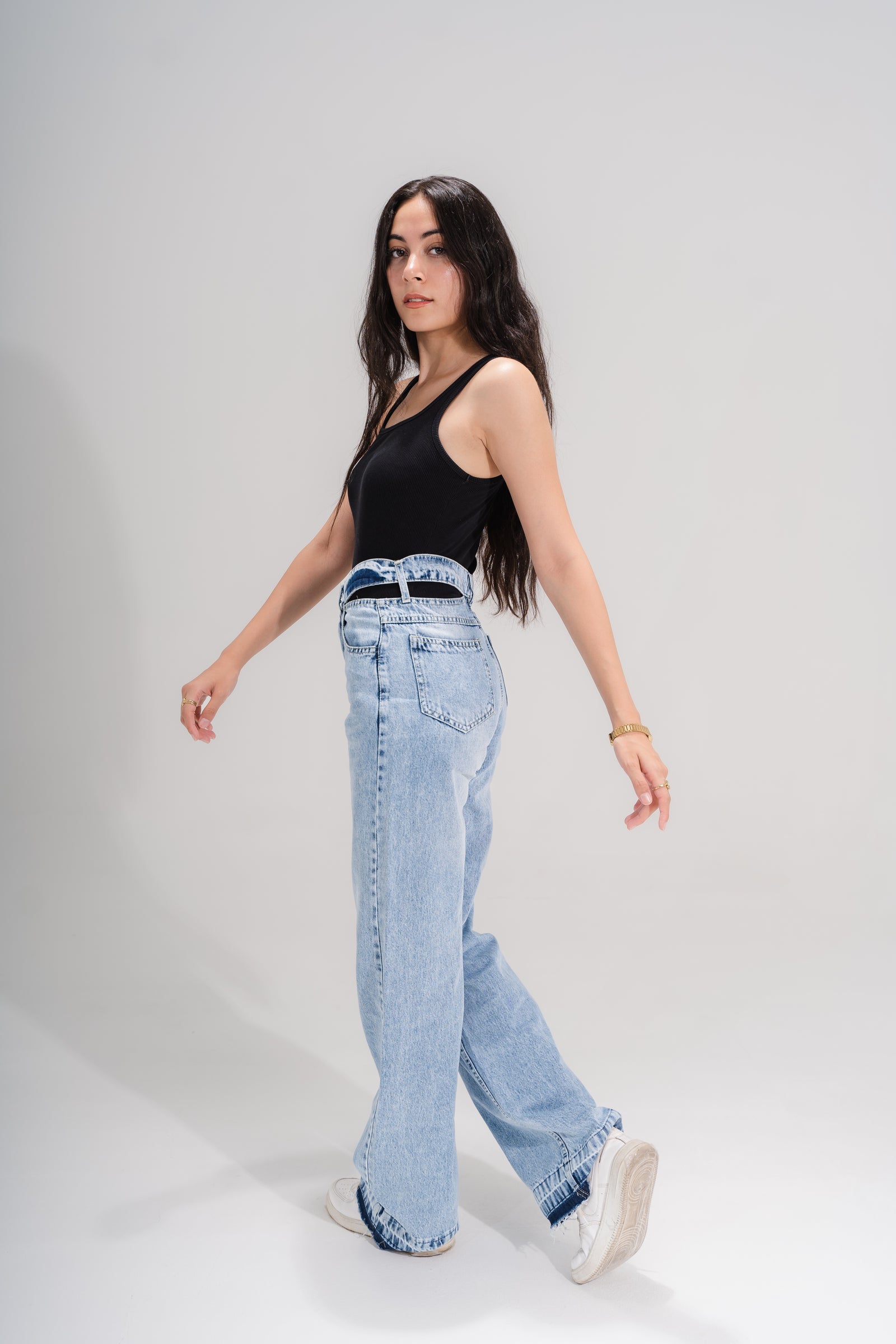 Douple waist Straight jeans acid wash
