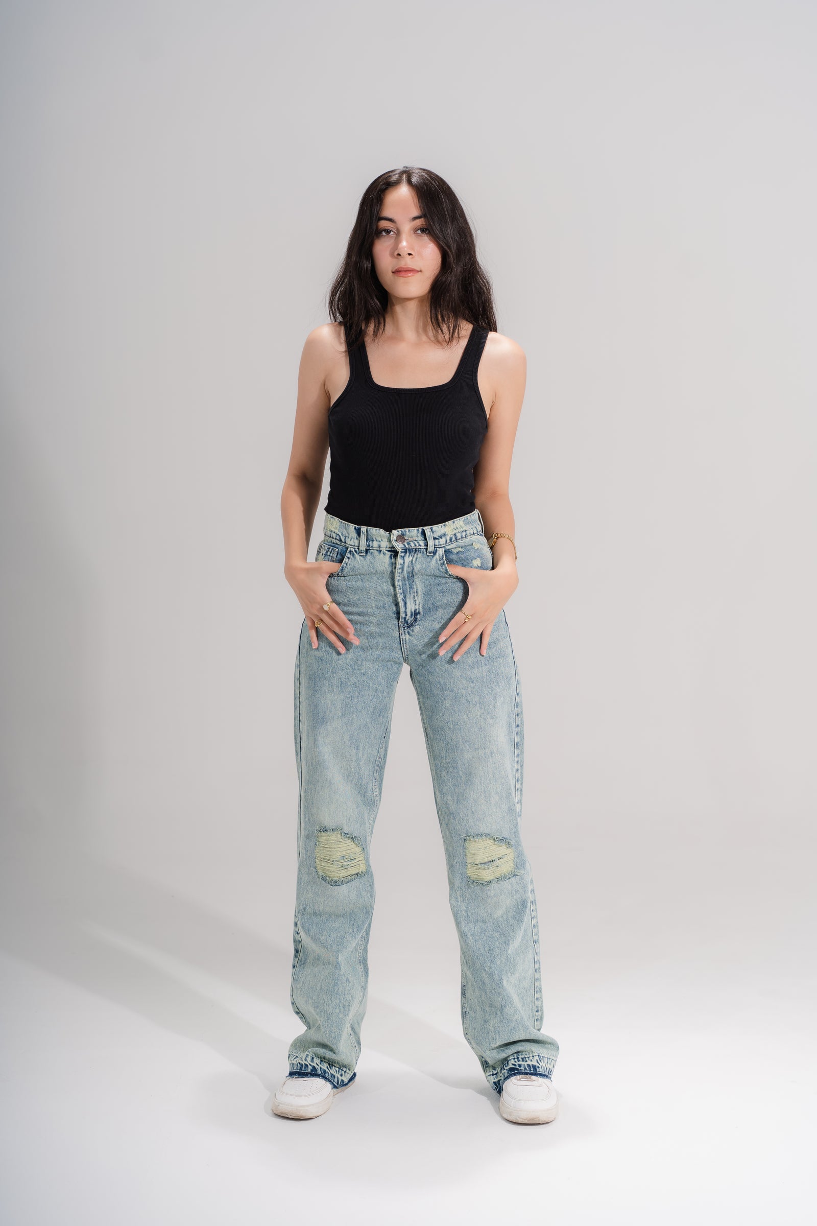 Destroyed vintage straight leg jeans